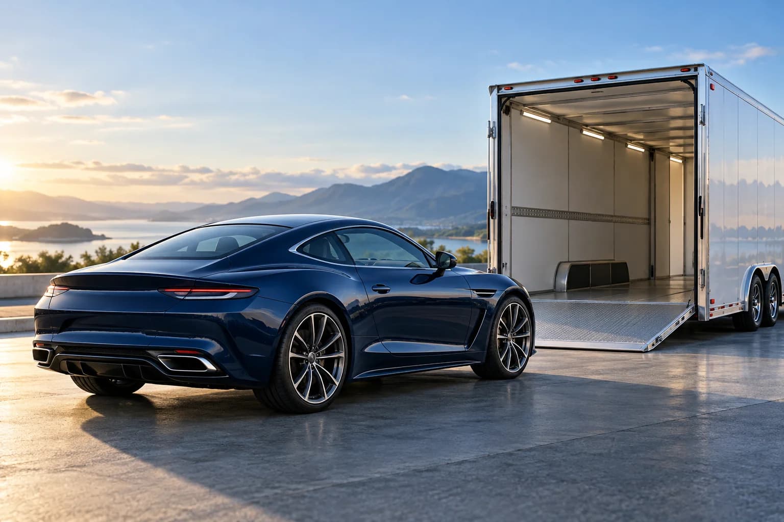 Illustration of a navy luxury coupe beside an open enclosed vehicle transport trailer