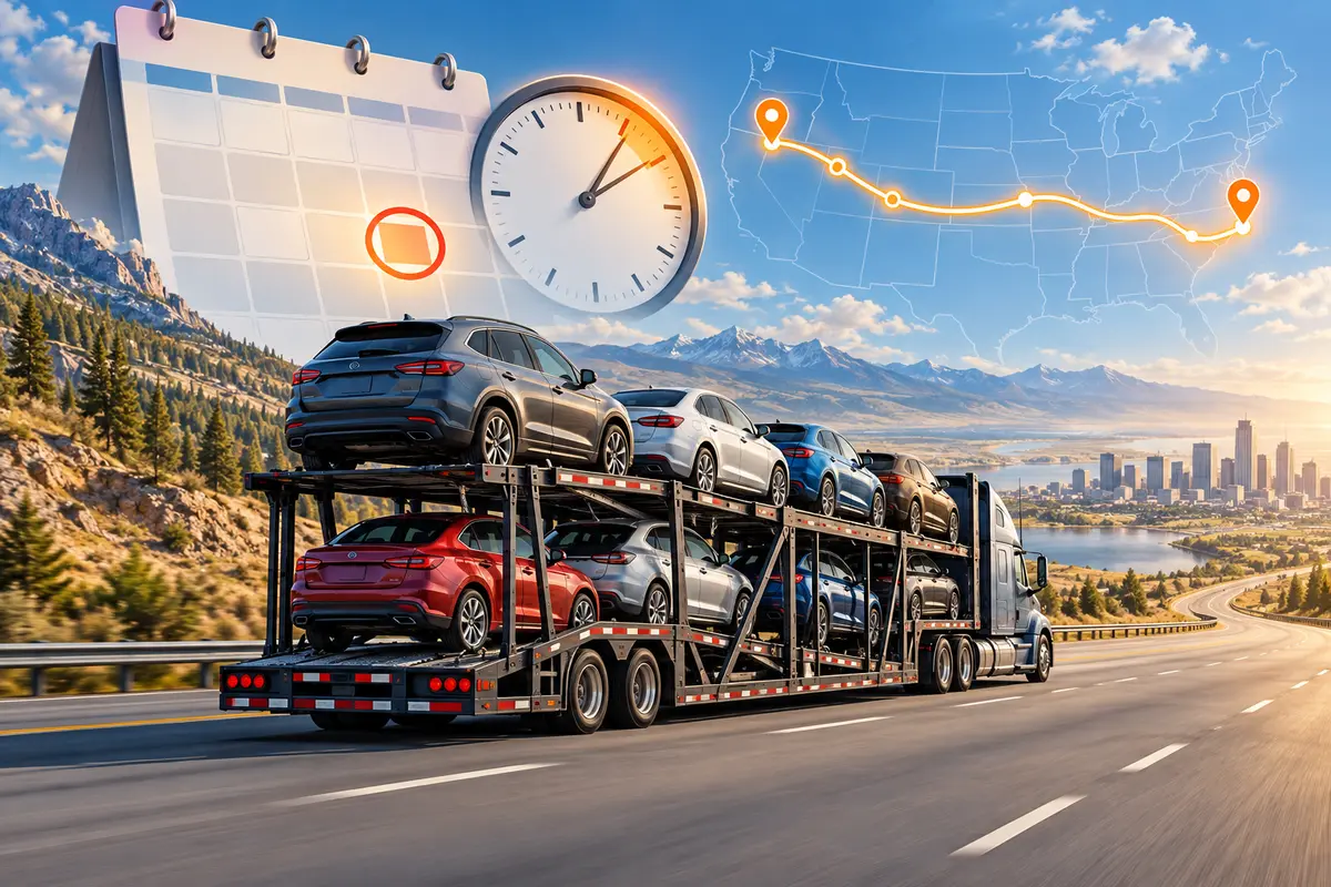 Editorial illustration of an auto carrier, calendar, clock and highlighted route representing expedited vehicle pickup planning