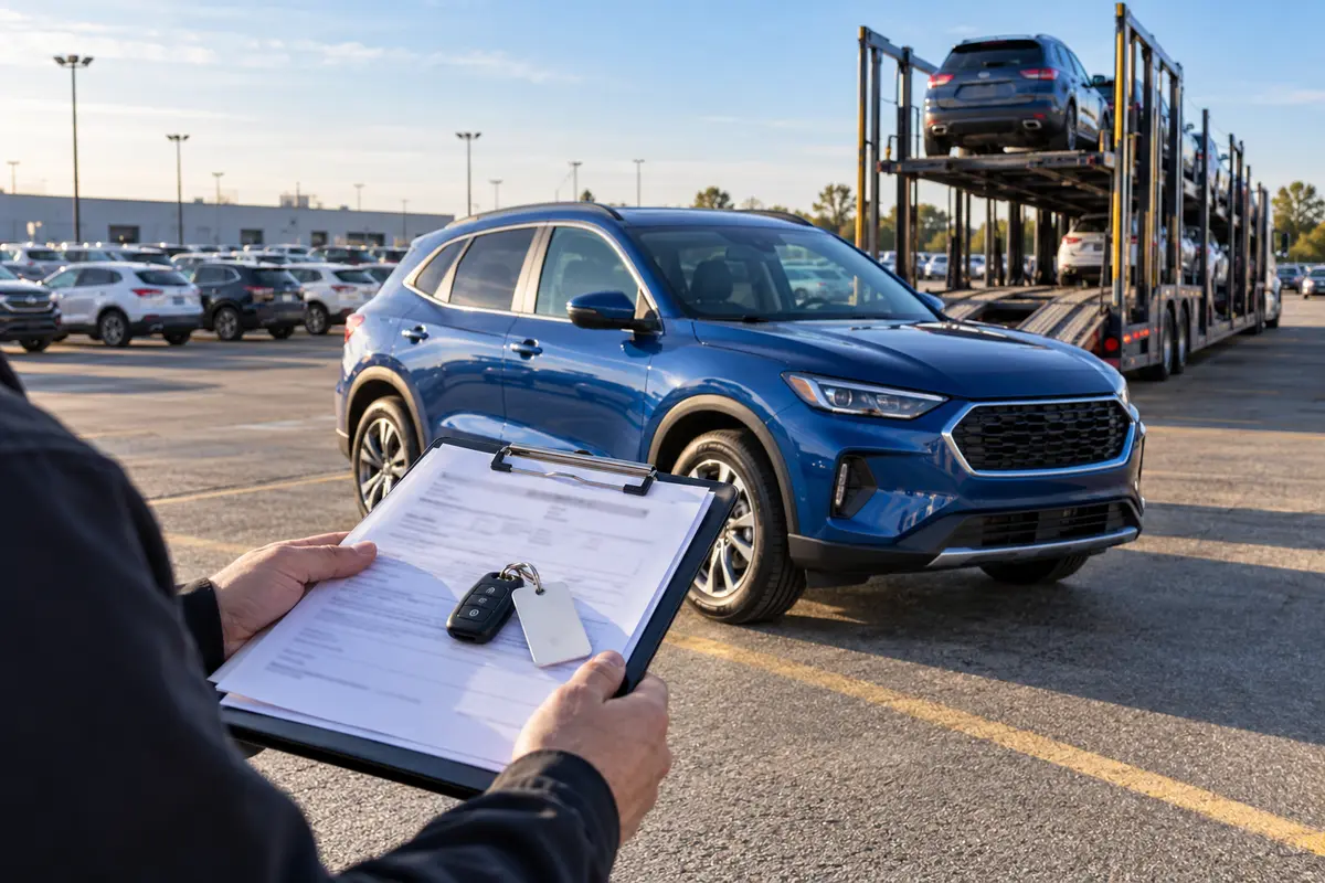 Editorial illustration of a blue crossover, generic release paperwork and an open auto carrier at a vehicle auction pickup lot