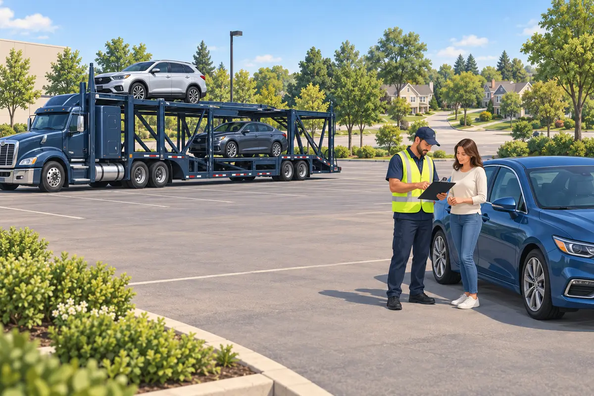Illustration of a customer and driver reviewing a vehicle handoff in a spacious lot beside an auto carrier