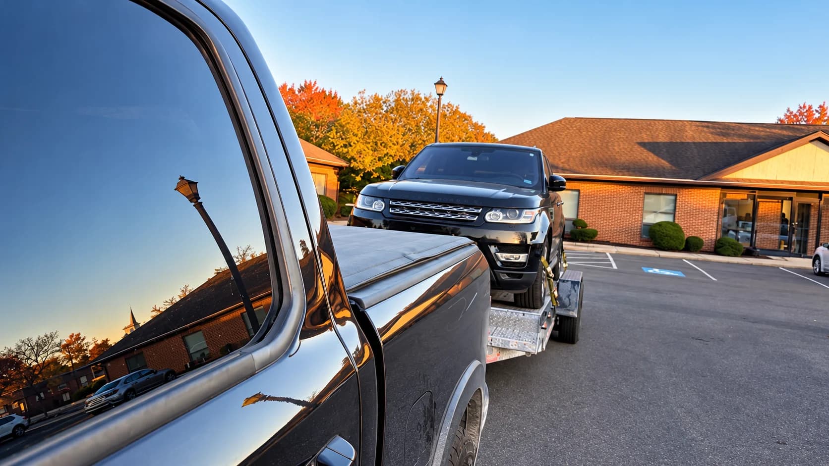 A gray SUV on a vehicle transport trailer behind a dark pickup truck