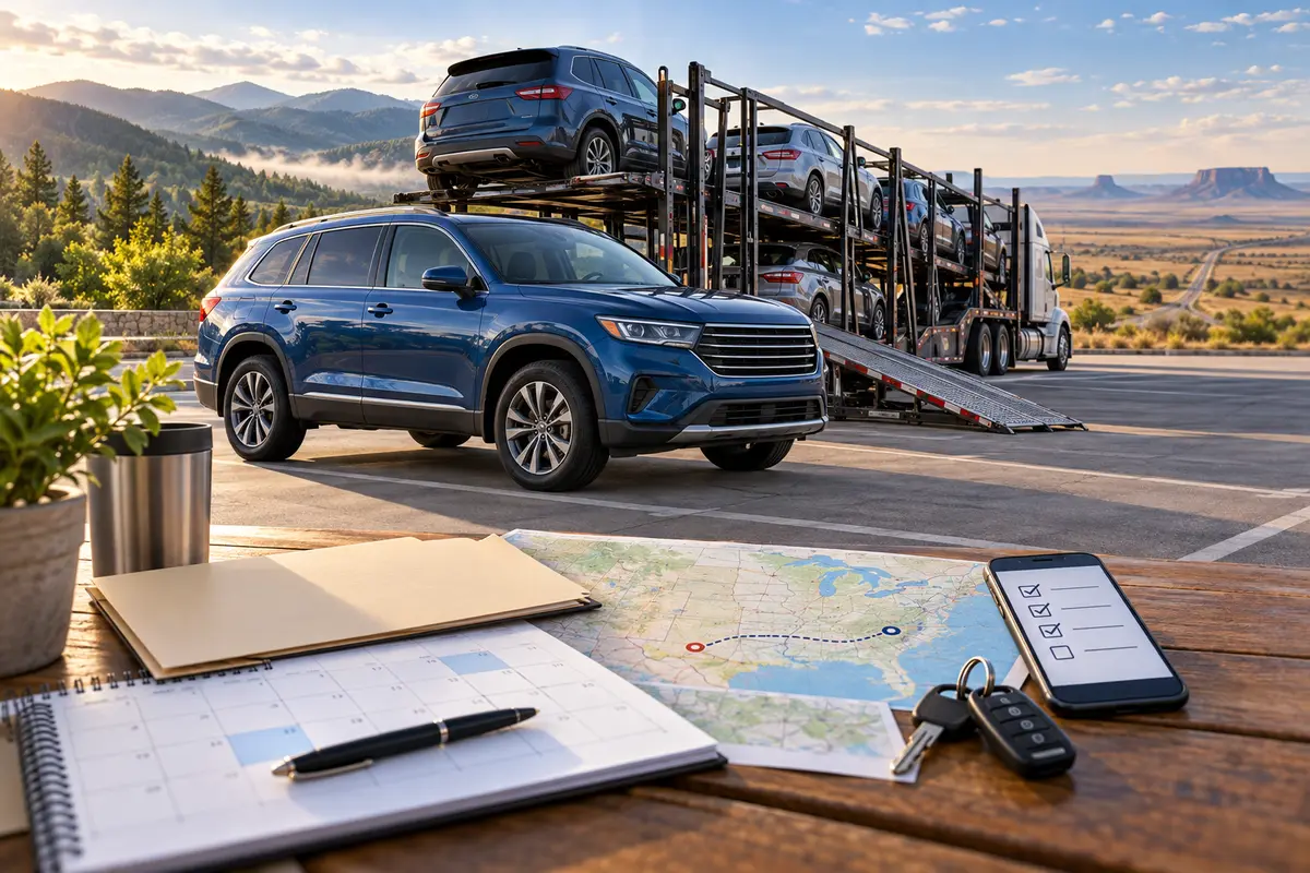 Editorial illustration of a blue SUV, auto carrier, calendar, route map, keys and pickup checklist for a domestic PCS move