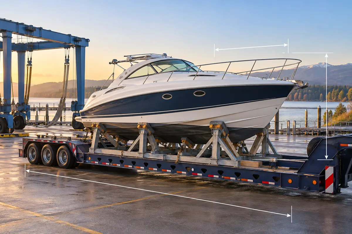 Editorial illustration of a cabin boat supported in a transport cradle on a low-deck trailer beside a marina travel lift