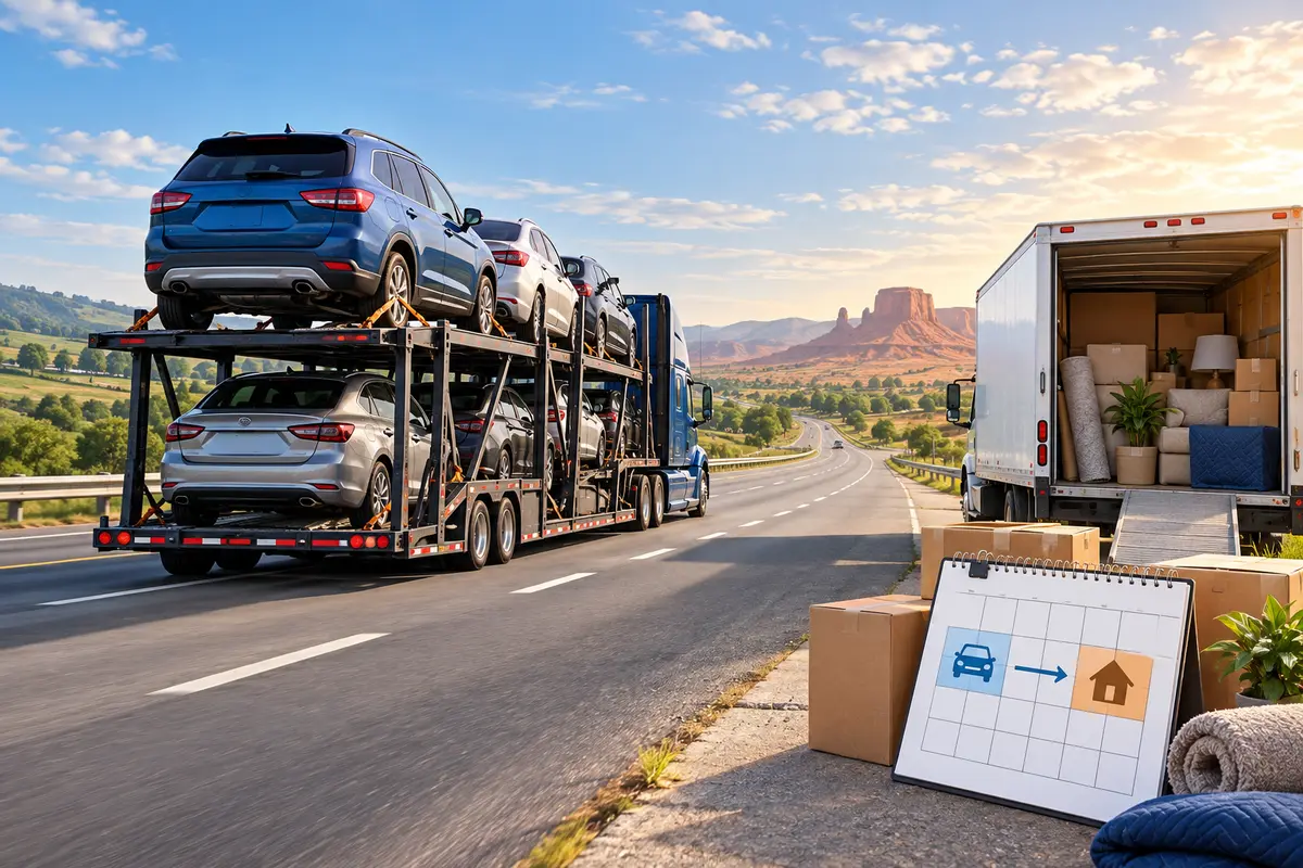Editorial illustration of an auto carrier and a separate household moving truck beside a calendar during an interstate move