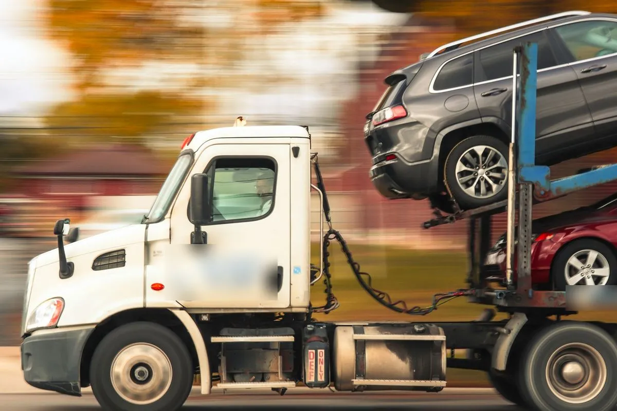 Ship a car to Naval Station Norfolk: a multi-car carrier truck hauling an SUV and a sedan