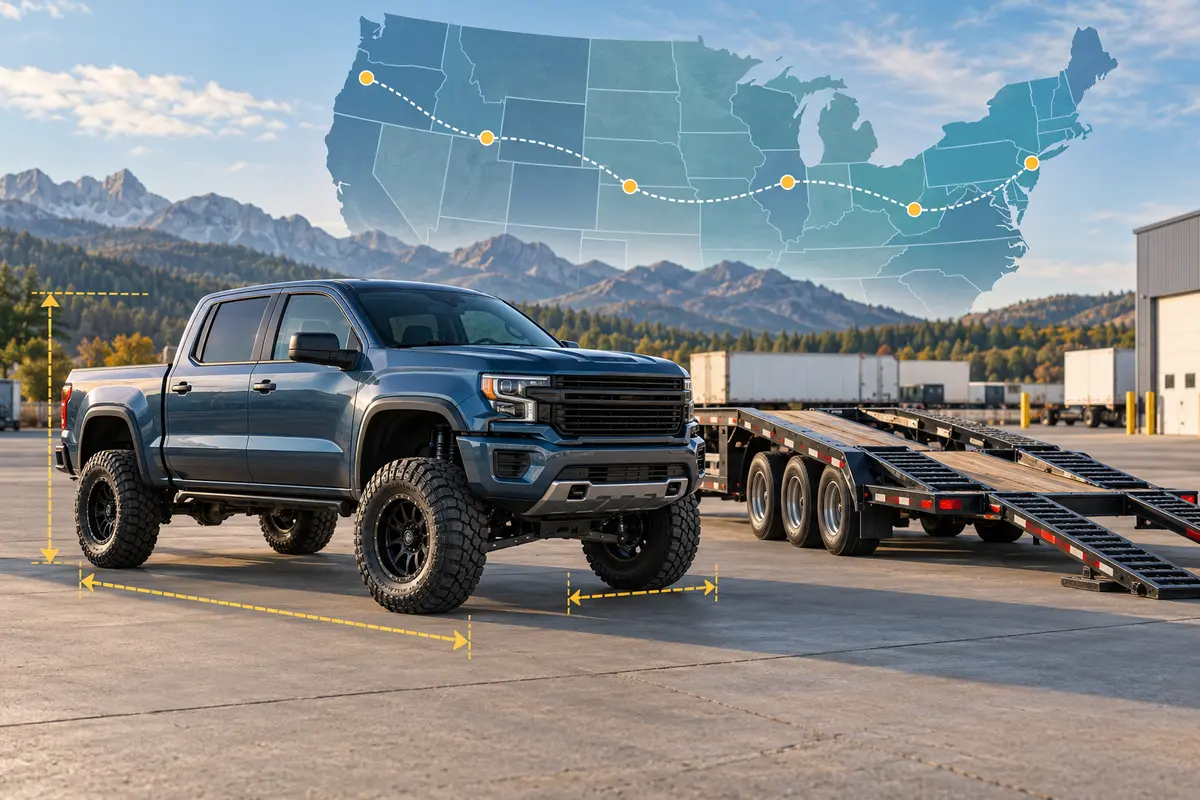 Editorial illustration of a lifted pickup beside a low-profile transport trailer with height, width and length measurement markers