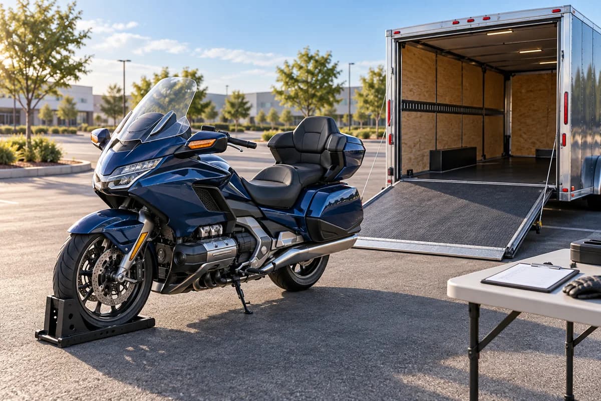 Editorial illustration of a blue touring motorcycle in a wheel chock beside an enclosed transport trailer and pickup checklist