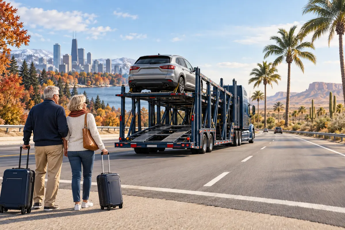 Editorial illustration of a mature couple planning a seasonal move while an open auto carrier travels from autumn scenery toward palms and desert