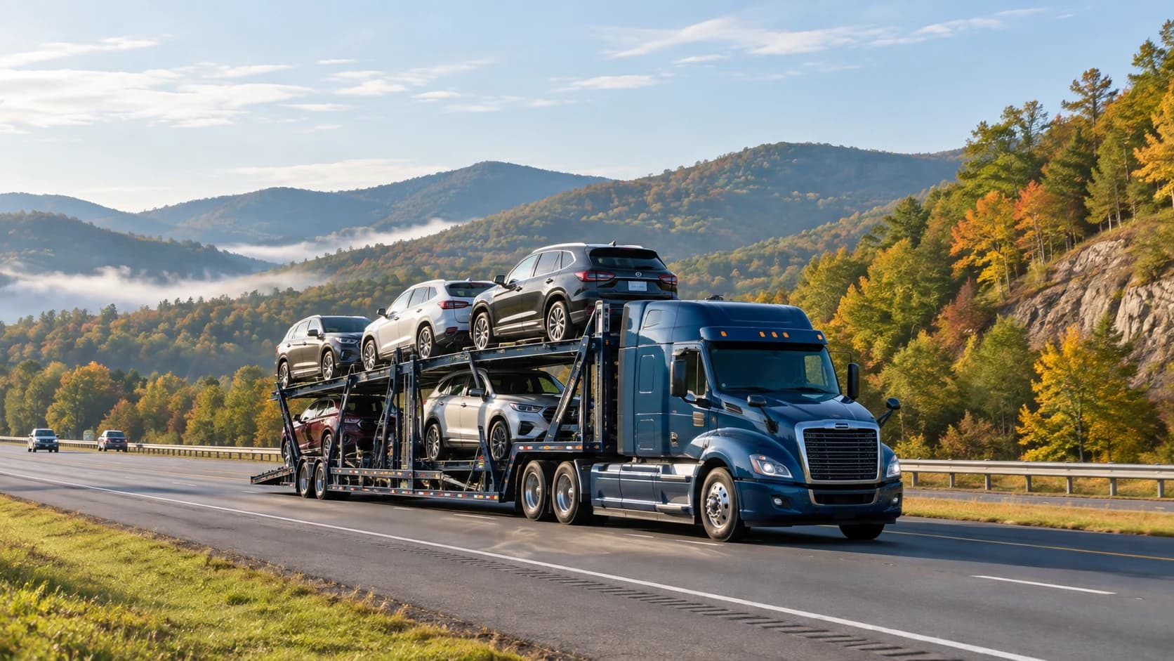 Illustration of an open car carrier travelling beside Virginia-inspired Blue Ridge foothills