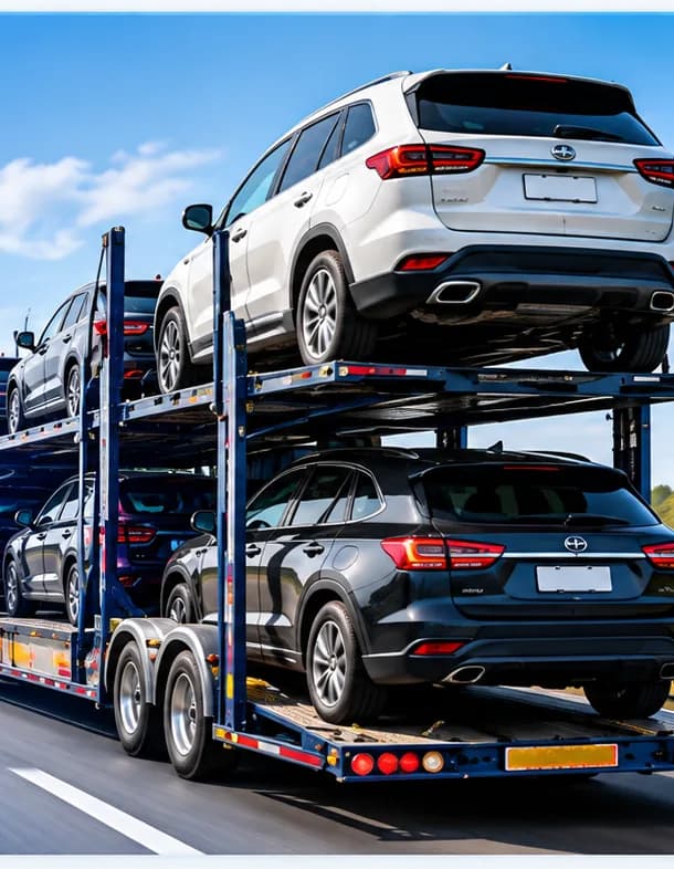 Vehicles secured on the upper and lower decks of an open auto transport carrier